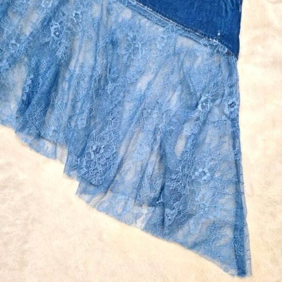 Free People ✦ My Lacey Velvet Midi Skirt ✦ Blue Asymmetrical Lace Hem Side Zip - Picture 6 of 16